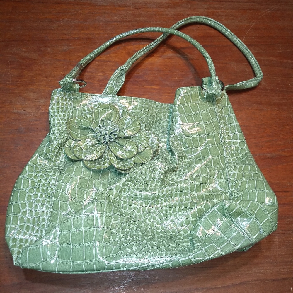 Green Purse, No Label, Faux Crocodile or Alligator Leather, Satchel Shou… - Picture 2 of 13